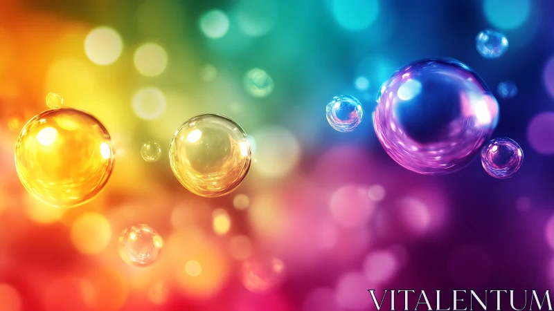 Chromatic soap bubbles drift across a luminous bokeh field