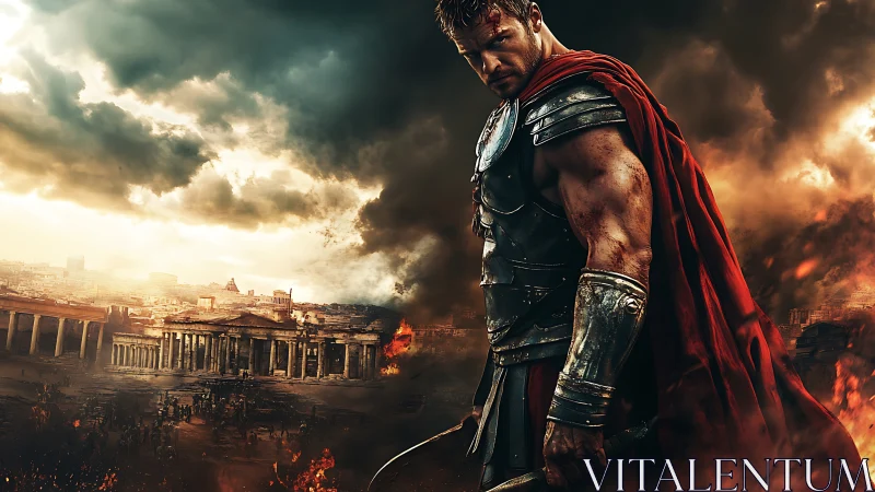 Stoic Roman warrior stands strong over a burning empire.