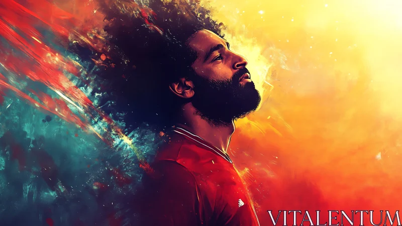 Profile portrait of footballer in vivid abstract colors.