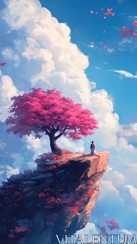 Solitary dreamer beneath crimson tree on skybound cliff.