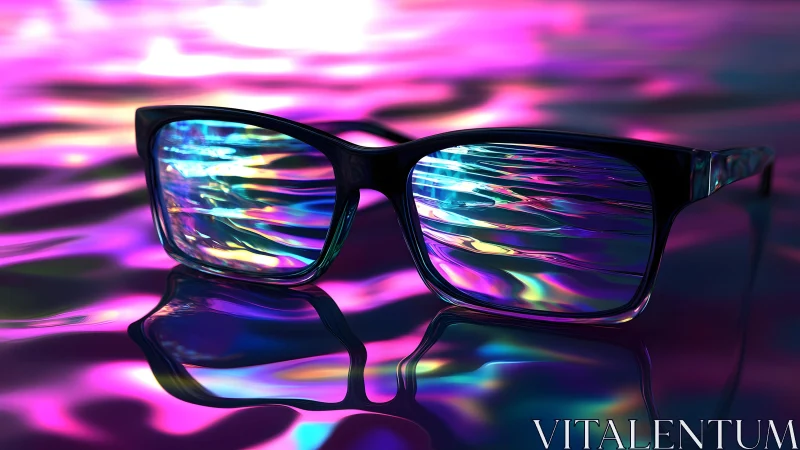 Black glasses on iridescent water with vibrant neon reflections.