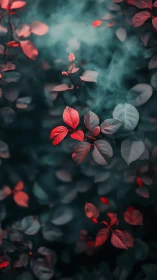 Crimson leaves drifting through teal-tinted forest mist.