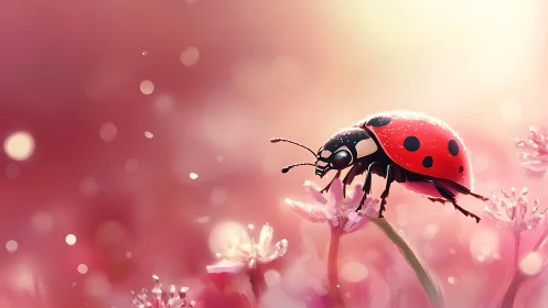 Ladybug on pink flowers in soft glowing light background.