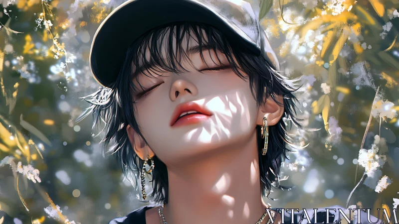 Sunlit serenity on youthful face amid painted foliage.