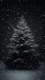 Snow-laden fir tree rises through dense winter snowfall.