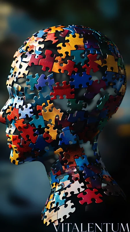 Human head silhouette is constructed from interlocking puzzle pieces
