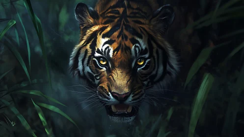 Predatory tiger portrait emerging from shadowed jungle foliage.