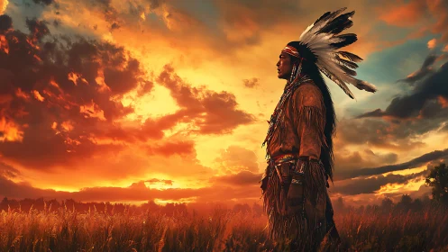 Indigenous man in regalia stands in field at vivid sunset