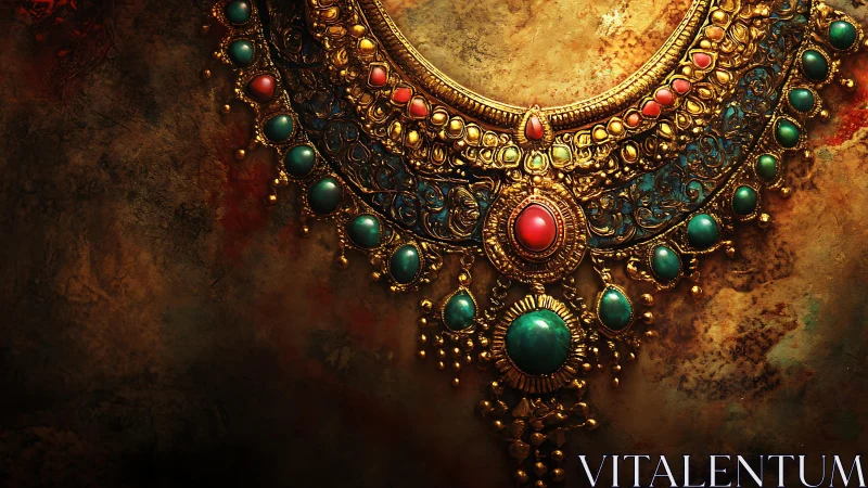 Opulent gold necklace with emerald and coral cabochons.