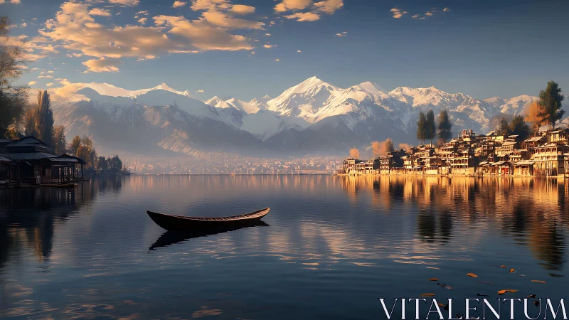 Still wooden boat drifts before sunlit lakeside town