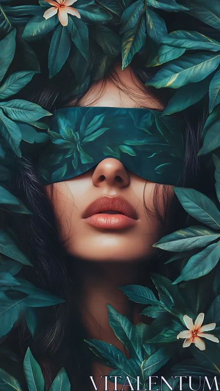 Woman with leaf visor framed by lush green foliage.