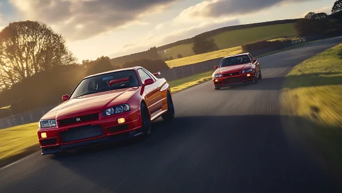 Twin red sports cars share a golden hour track adventure