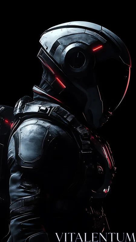 Futuristic armored figure in profile with illuminated helmet