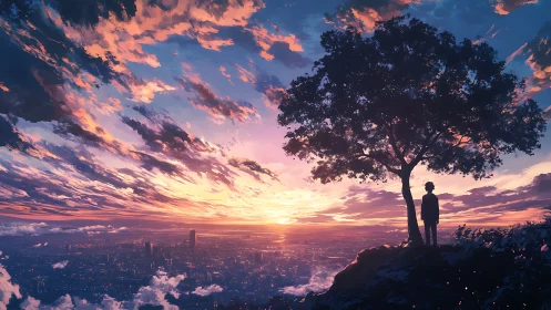 Sunset stratocumulus over luminous megacity observation point.