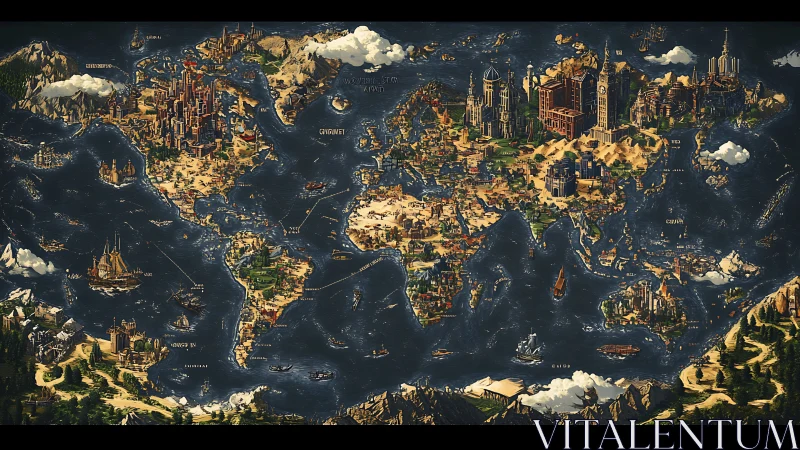 Illustrated world map with stylized cities and maritime routes.