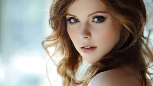 Portrait highlights luminous eyes and soft golden waves.