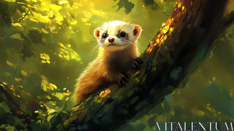 Sunlit forest ferret pauses mid-climb to survey the day