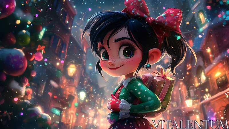 Festive girl with gift box walks through snowy city street.