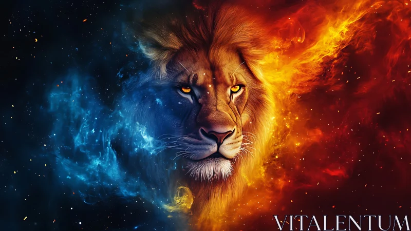 Lion head centered between blue and red nebula fields.