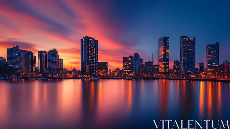 Sunset city skyline glowing softly over calm waterfront.