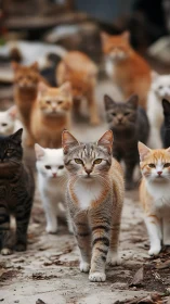 Pack of Stray Cats Walking Together on Dusty Ground