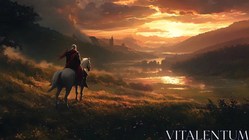 Knight on horseback overlooking golden river valley at dusk.