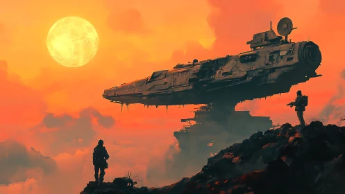 Colossal starship hovers above soldiers at molten sunset.