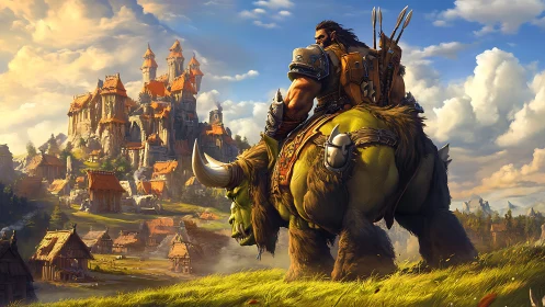 Armored warrior surveys sunlit fantasy citadel from his mount