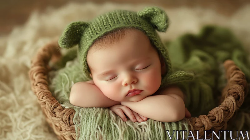 Newborn Portrait in Sage Green Knit Nest. Professional Studio Photography.