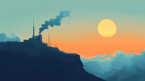 Industrial cliffside silhouette under vivid orange sunrise.