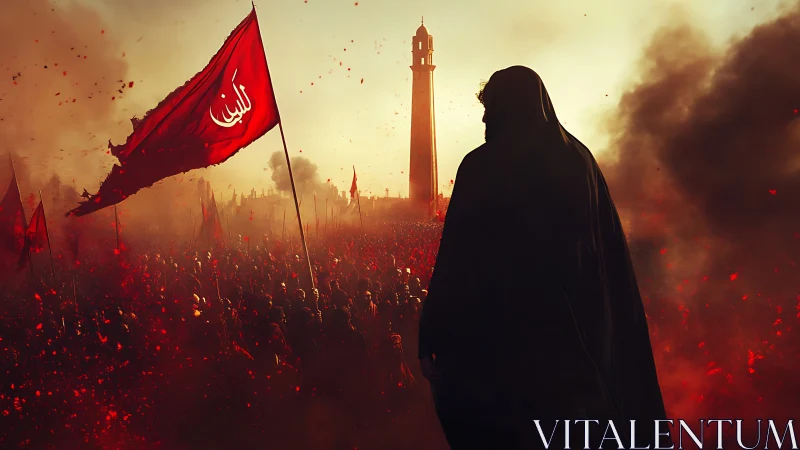 Backlit shrouded figure surveying incendiary red procession.