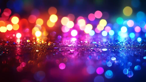 Defocused multicolor bokeh lights reflect on wet surface