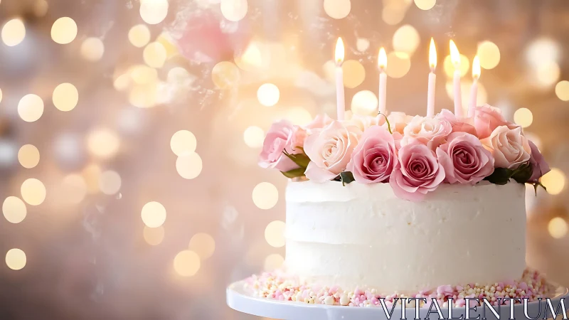 Elegant White Cake with Pink Roses and Candles.