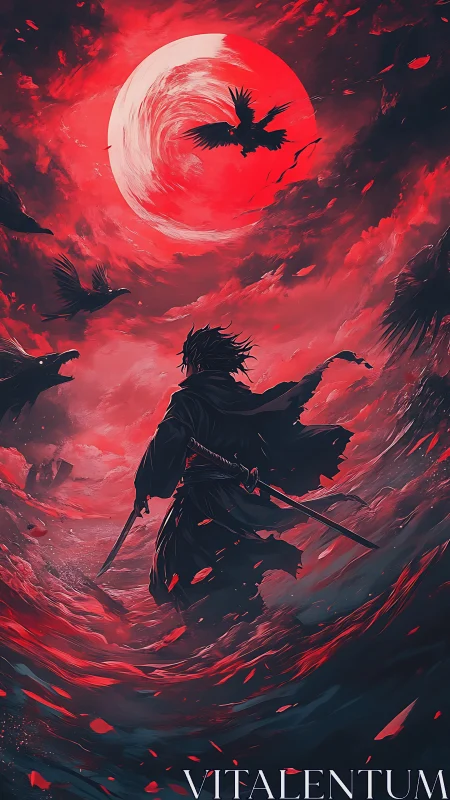 Lone warrior strides beneath a fiery moon and swirling crows.