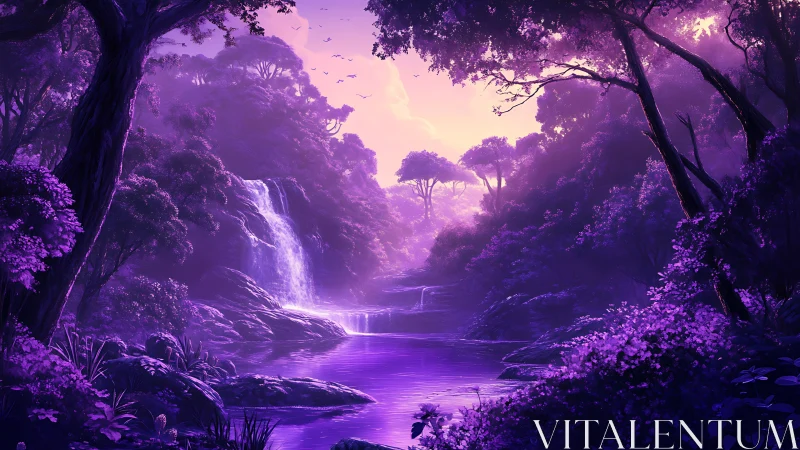 Enchanted violet waterfall forest glowing at twilight.