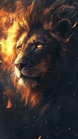 Fiery lion portrait with volumetric lighting and ember particle effects
