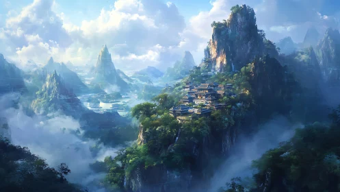 Temple citadel amid misty jade mountains at sunrise.