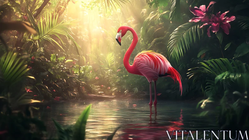 Tropical flamingo in radiant mistlit rainforest lagoon.