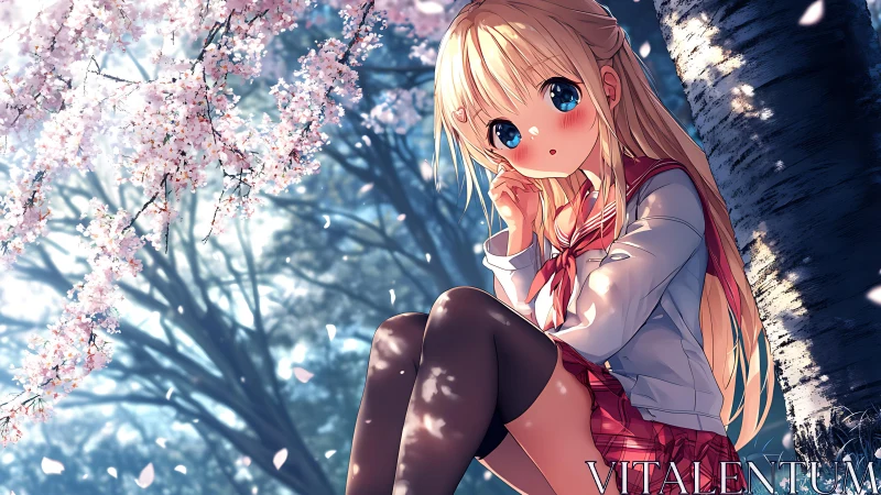 Blonde schoolgirl rests under cherry blossoms in spring light