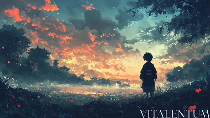 Solitary child at lakeside sunset facing distant pagodas