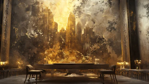 Gilded council hall before a crumbling golden metropolis.