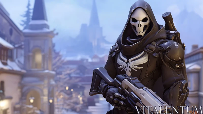 Armored skull-masked soldier patrols snowy town street