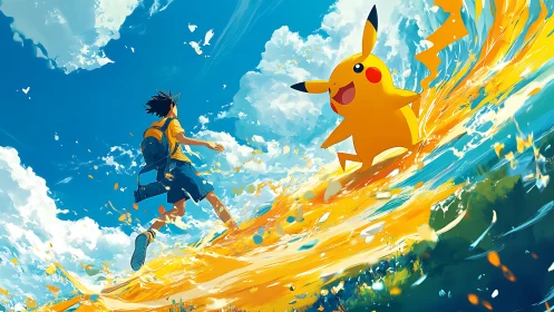 Surging electric wave with boy and Pikachu under vivid sky.