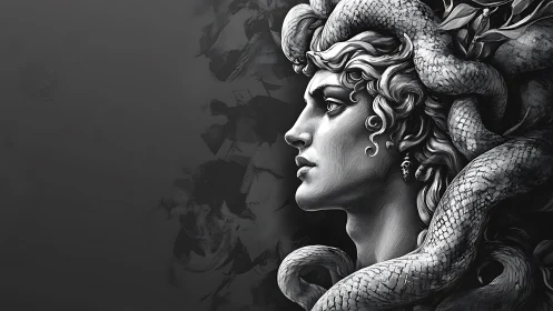 Monochrome side profile of gorgon-like figure with snakes.