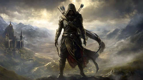 Hooded fantasy ranger stands over misty mountain valley