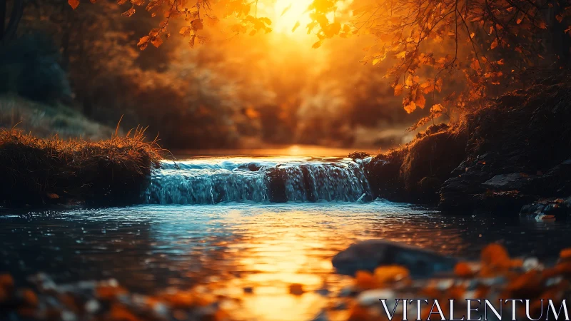 Autumn creek at sunset with golden light and vibrant foliage.