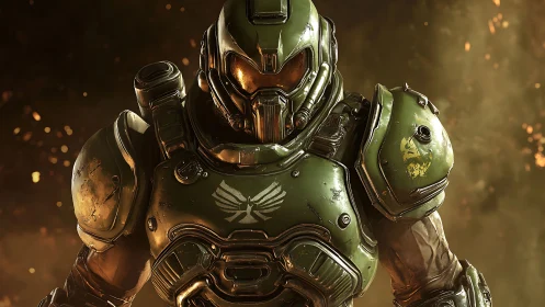 Armored space warrior strides through ember-soaked twilight.