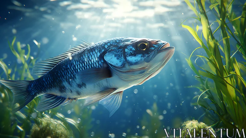 Blue-toned fish swimming in sunlit underwater vegetation.