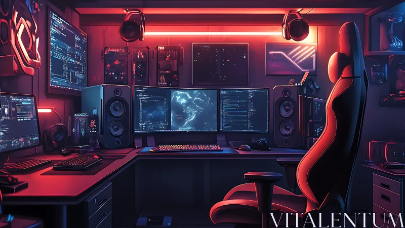 Multi-monitor workstation shows RGB-lit desktop and chair