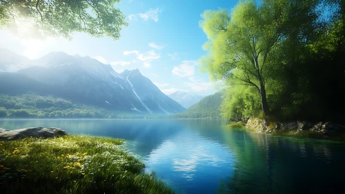 Radiant alpine lakescape with volumetric light and foliage rendering.
